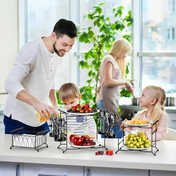 Buffet Caddy — 7-Piece Stackable Set Includes Plate, Napkin, and Silverware Holder, 3-Tier Detachable Tabletop Organizer for Kitchen Dining Entertaining Parties (Black)