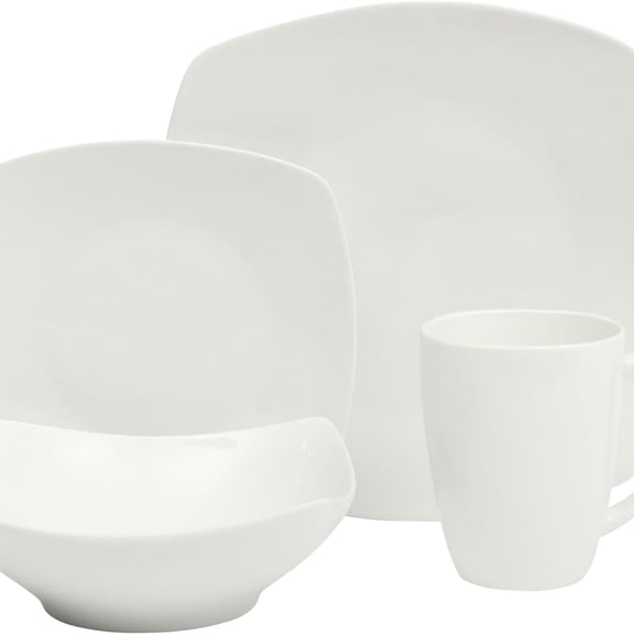 Buffet Porcelain Chip and Scratch Resistant Dinnerware Plates, Bowls, and Mugs Set, Service for 4 (16pcs), White (Square Dishes)