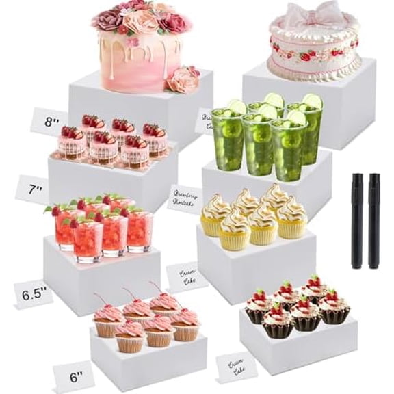 Buffet Risers, Acrylic Food Risers for Buffet Table, 8Pcs Buffet Table Risers with Mini Signs, Food Service Risers Display Stands Risers with Hollow Bottoms, 6" 6.5" 7" 8'' Risers for Buffet Jewelry