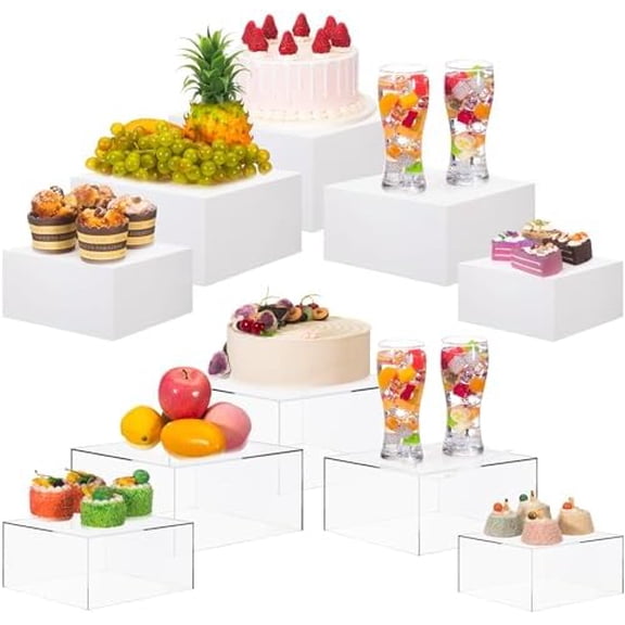 Buffet Risers Set of 10 Acrylic Food Risers Display Stands Cube Box 6" 7" 8" 9" 10" White Clear Dessert Table Display with Hollow Bottom for Buffet Table, Cupcake Candy Food, Wedding Party