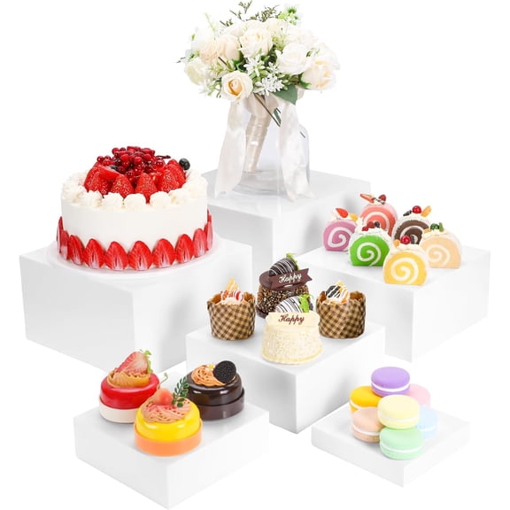 Buffet Risers and Stands, Risers for Buffet Table, Display Stands for Party Catering Dessert Collectibles, White Cube Nesting Boxes with Hollow Bottoms (White, 5IN-10IN)