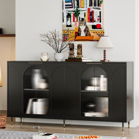 Buffet Server Cabinet | Useful in Dining Room, Stores Select Items | MDF and Glass Material, Good Light Transmission | Adjustable Shelves for Flexible Use