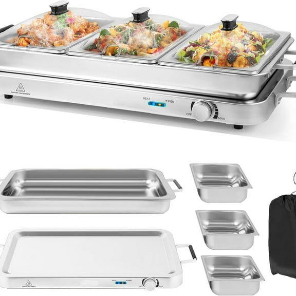 Buffet Server & Electric Food Warmer, 2-in-1 Food Warming Tray, Adjustable Temperature, 3 Food Pans with Lids, Dishwasher Safe, 8 QT Stainless Steel Chafing Dishes for Parties Holiday Events