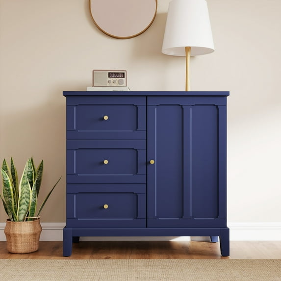 MROJISC 3-Drawer and Door Accent Cabinet, Solid Wood Legs for Kitchen, Living Room, Navy Blue