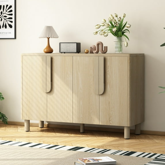 Buffet Sideboard with 4 Doors and Arc Handles, Modern Accent Cabinet with Adjustable Shelves and Foot Pads, Storage Cabinet for Living Room, Kitchen, Dining Room, Entryway, Natural