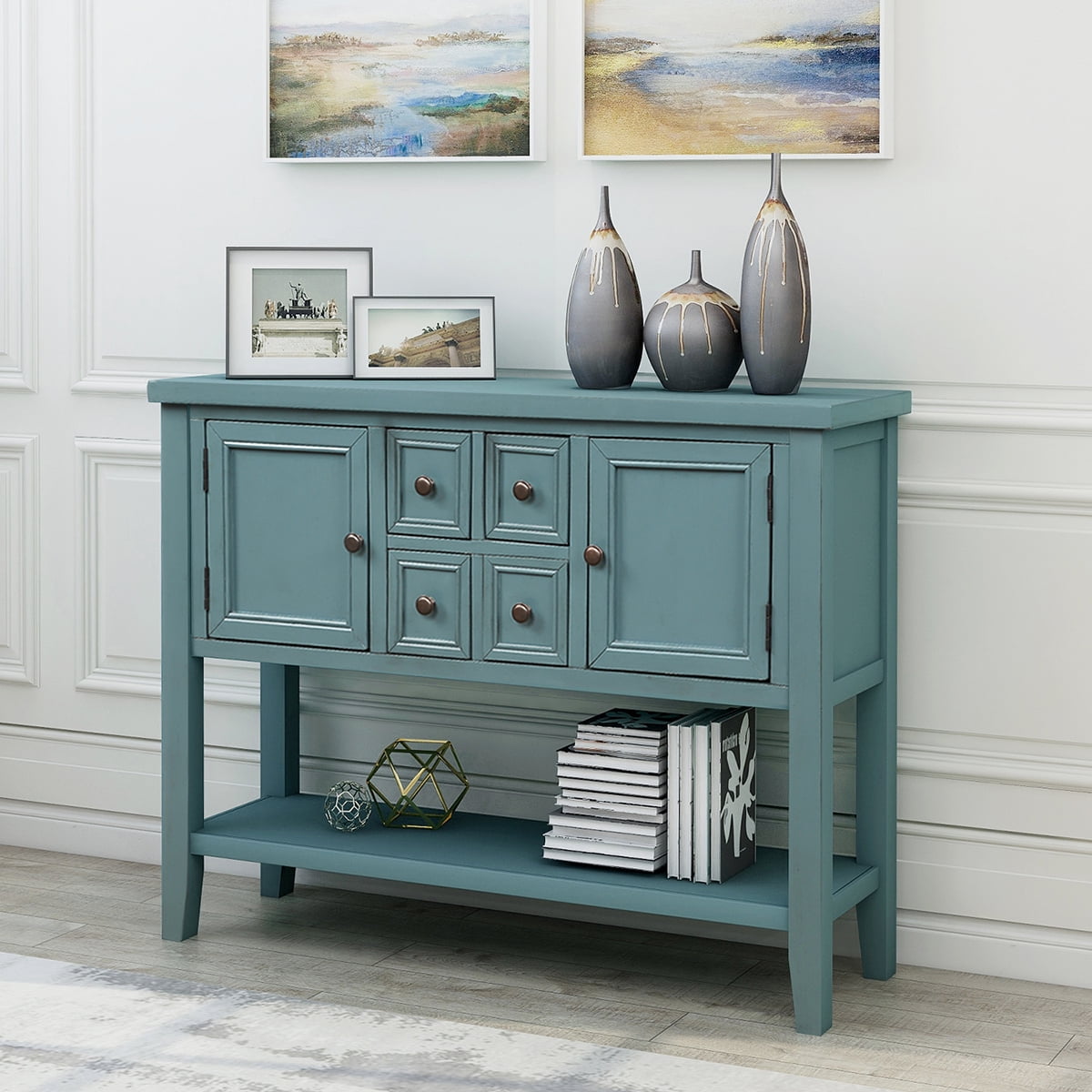 Buffet Sideboard 46 Dining Room Console Table with 4 Storage Drawers 2 Cabinets 1 Bottom Shelf Blue Q6375