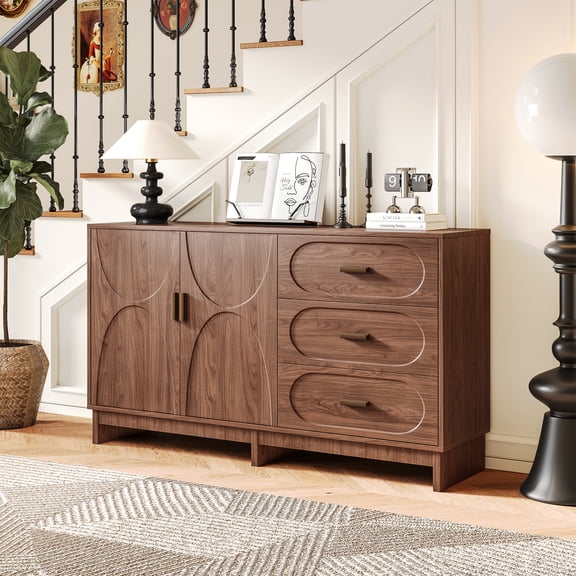 Buffet Sideboard, 47.2" MDF Storage Cabinet with 2 Doors and 3 Drawers, Walnut Finish with Oval Grain Texture, Farmhouse Accent Console for Dining Room, Living Room and Hallway