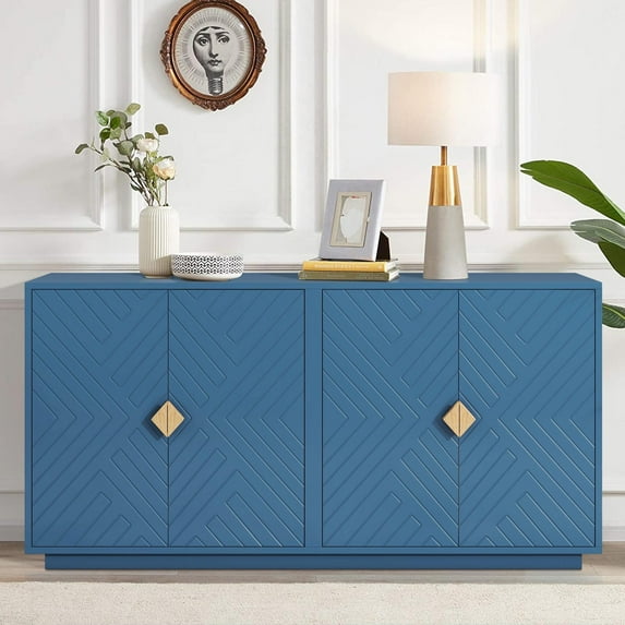 Buffet Sideboard, Atumon Accent Cabinet with 4 Doors, Farmhouse Buffet Cabinet with Adjustable Shelves, Wood Storage Cabinet Furniture for Kitchen Dining Room Living Room, 60"L x 15"W x 30"H, Blue
