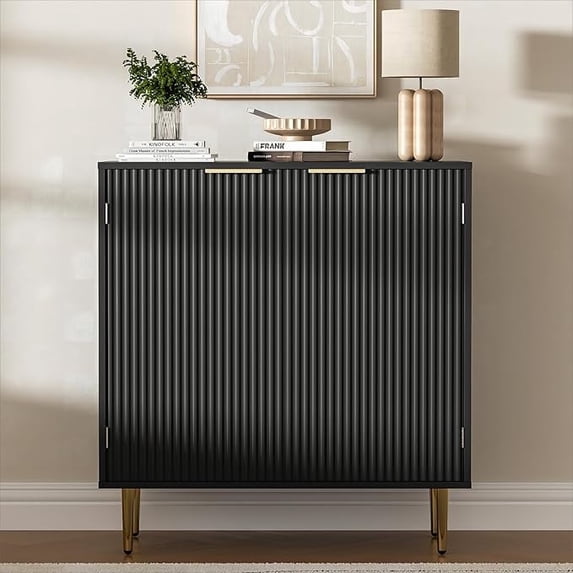 Buffet Sideboard Cabinet with 2 Doors, Modern Kitchen Cabinet with Golden Handles & Legs, Adjustable Shelf, Accent Coffee Bar Storage Sideboard for Kitchen, Living Room, Black