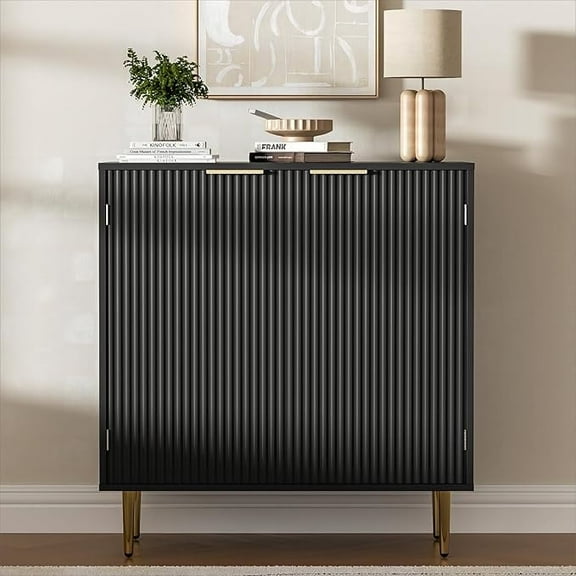 Buffet Sideboard Cabinet with 2 Doors, Modern Kitchen Cabinet with Golden Handles & Legs, Adjustable Shelf, Accent Coffee Bar Storage Sideboard for Kitchen, Living Room, Black