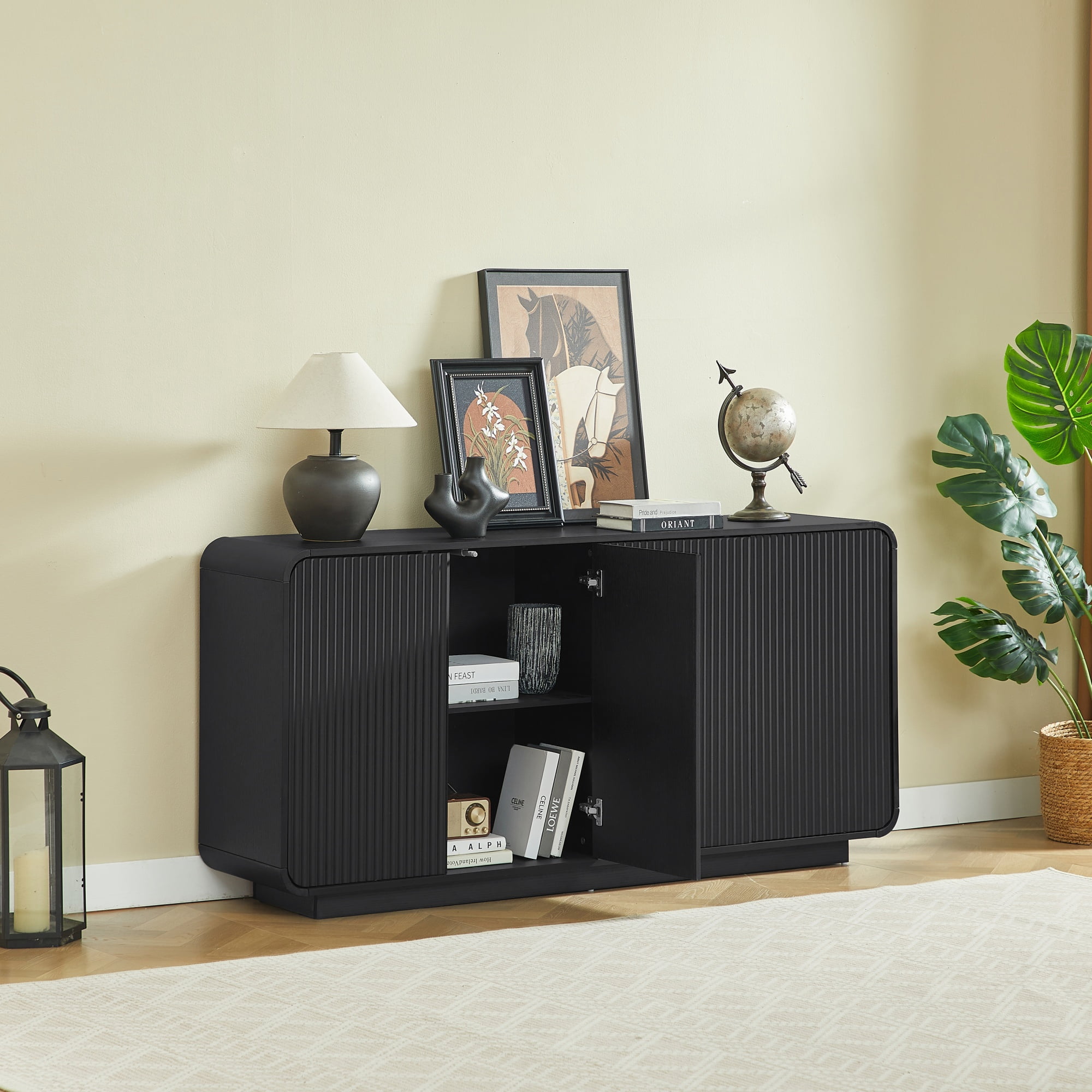 Buffet Sideboard Cabinet 64.6 Inch, Modern Vertical Fluted Entryway Cabinet with Soft-Close Doors, Waterproof Storage Cabinet for Living Room and Kitchen, Black