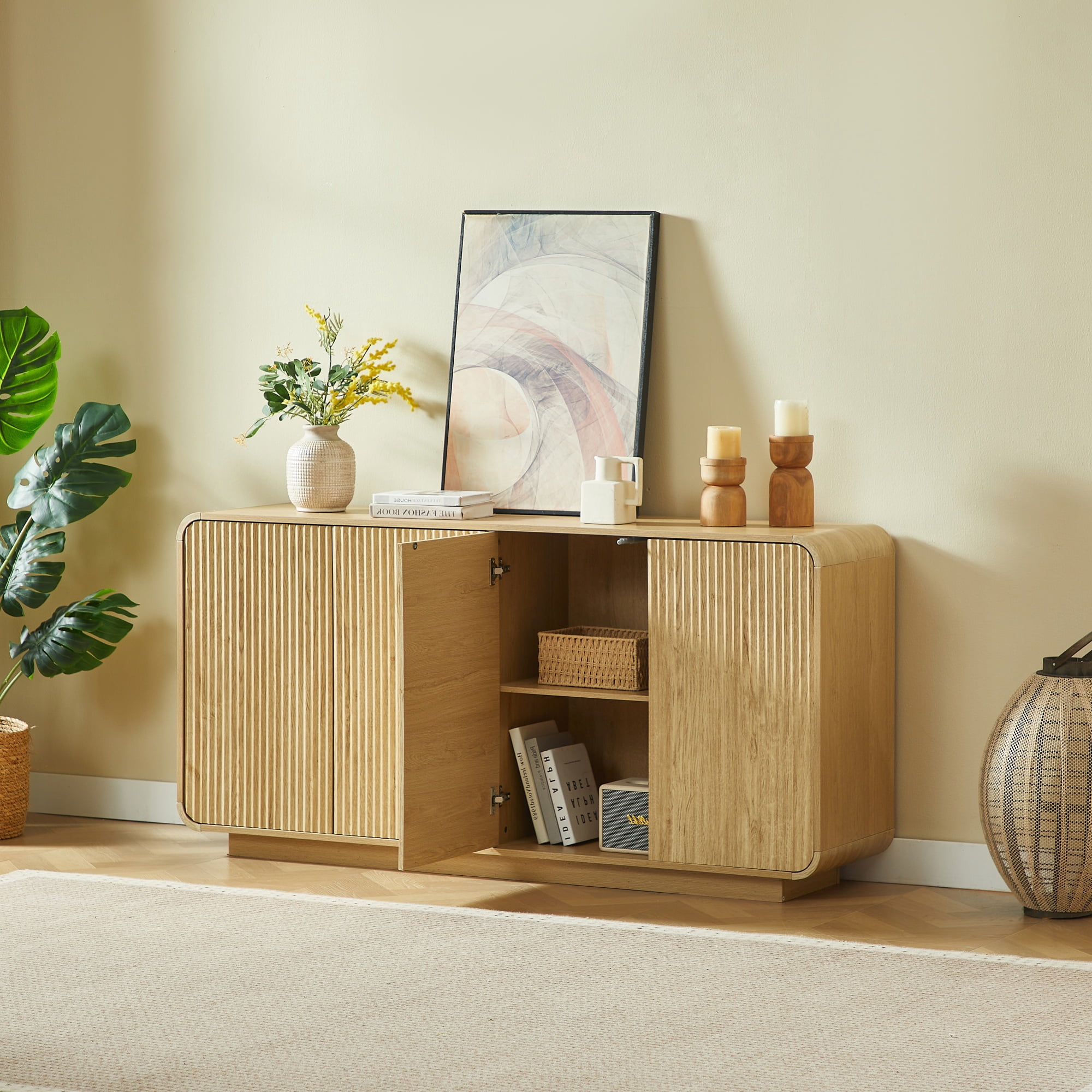 Buffet Sideboard Cabinet 64.6 Inch, Modern Vertical Fluted Entryway Cabinet with Soft-Close Doors, Waterproof Storage Cabinet for Living Room and Kitchen, Natural