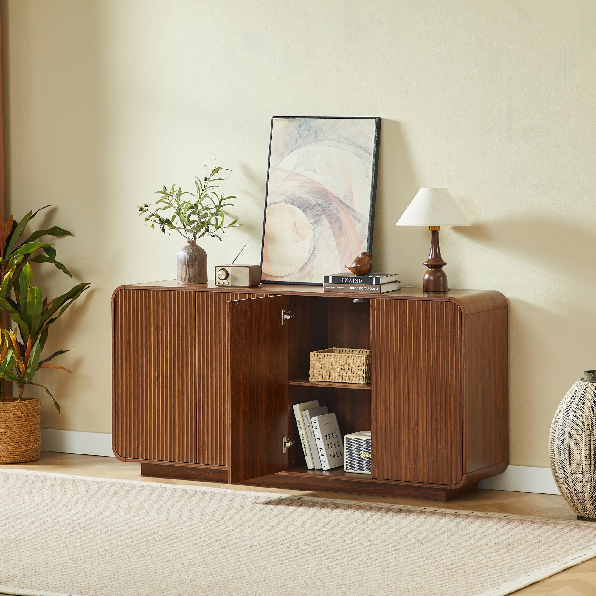 Buffet Sideboard Cabinet 64.6 Inch, Modern Vertical Fluted Entryway Cabinet with Soft-Close Doors, Waterproof Storage Cabinet for Living Room and Kitchen, Walnut