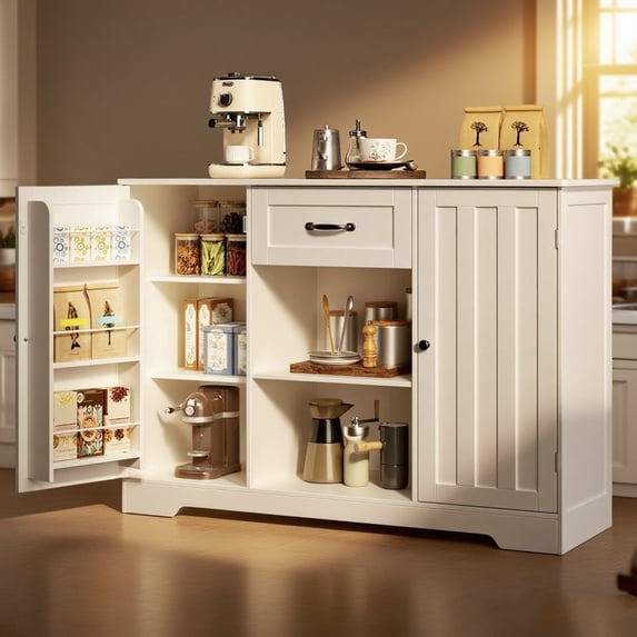 Lofka White Sideboard Cabinet with Storage, Coffee Bar Cabinet with Drawer and Adjustable Shelves