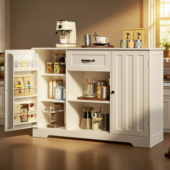 Sideboard Cabinet with Storage, Lofka Coffee Bar Cabinet with Drawer, Buffet Cabinet Adjustable Shelves, White