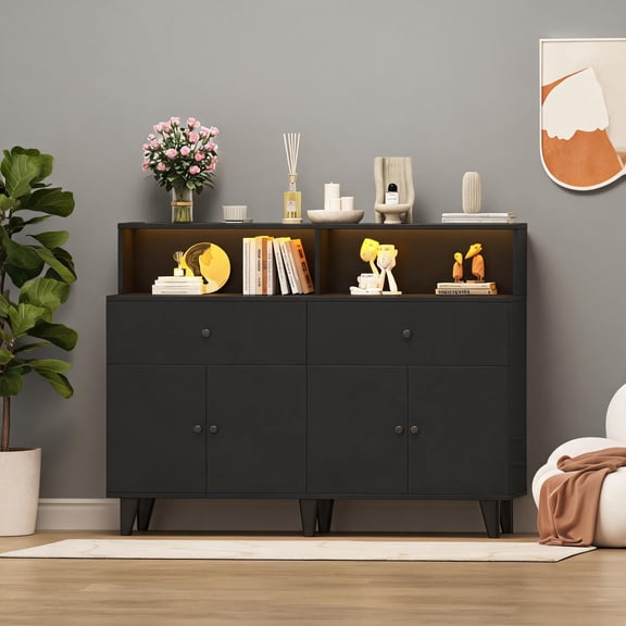 Buffet Sideboard Cabinet with Charging Station, LED Light, Drawers, Adjustable Shelves