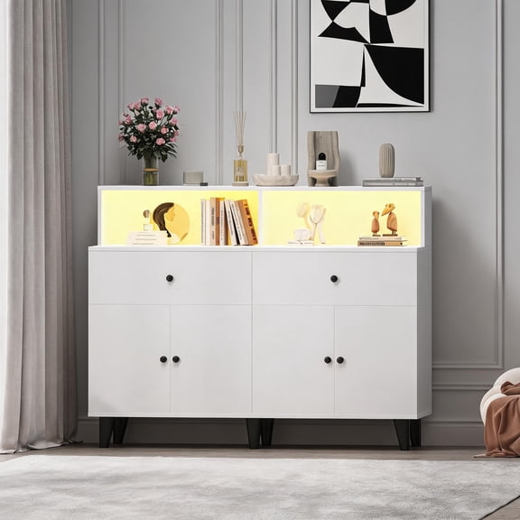 Buffet Sideboard Cabinet with Charging Station, LED Light, Drawers, Adjustable Shelves