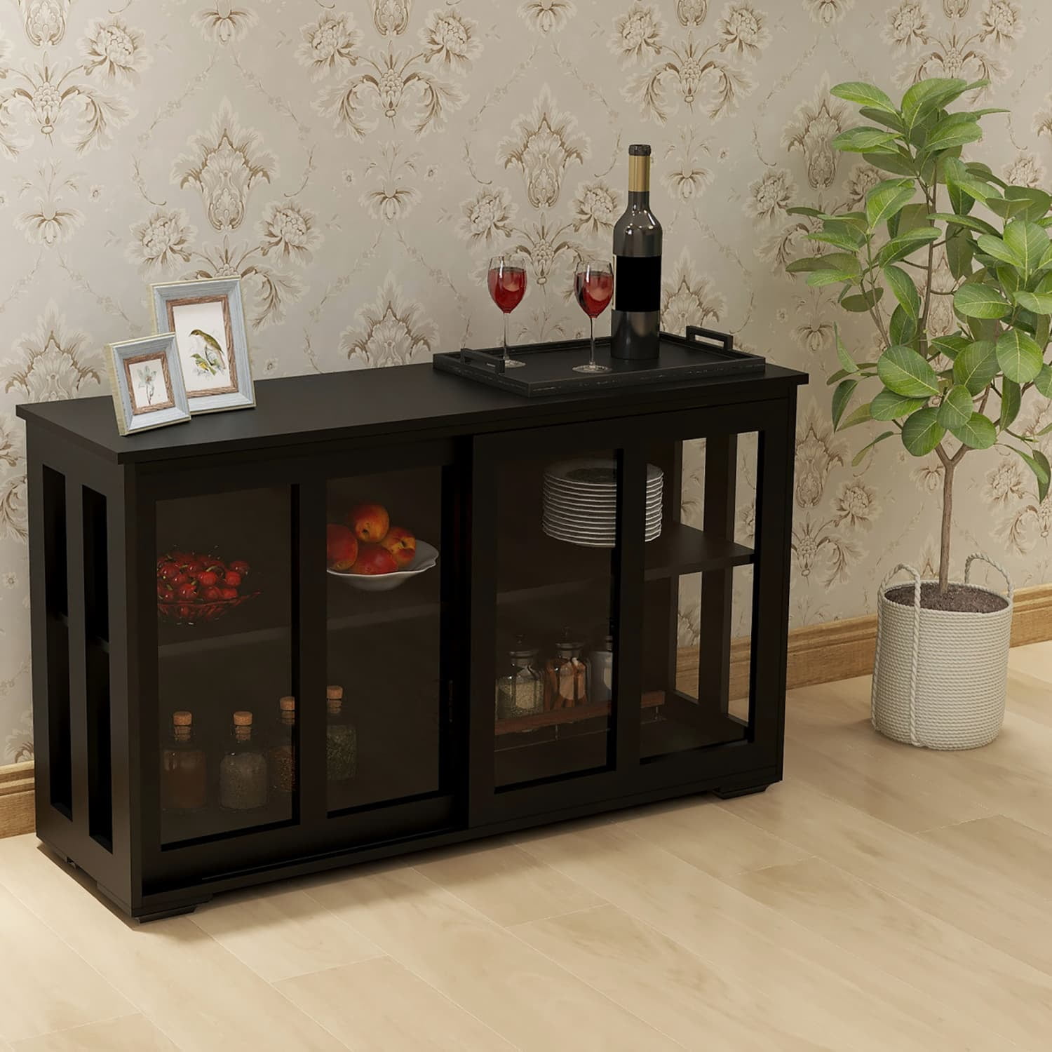 Buffet Sideboard Cabinet with Sliding Doors, 2 Adjustable Interior Shelves, E1 MDF Construction, Non-Slip Bottom, Storage for Kitchen Dining Room