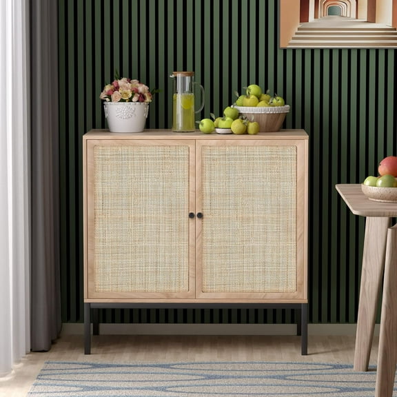 Buffet Sideboard Cabinets with Handmade Natural Oval Rattan Doors 1 piece, Accent Oak Color Entryway Chest Console Table with Storage Cabinet for Dining Room, Living Room, Kitchen