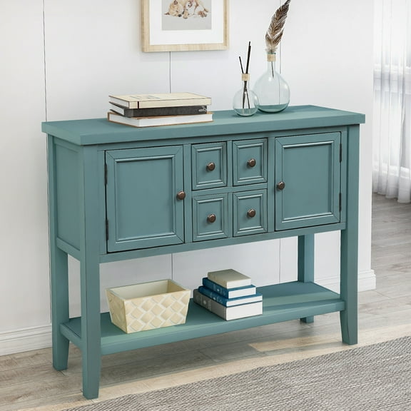 Buffet Sideboard, Console Table with 4 Storage Drawers, 46''x15''x34'' Wood Buffet Sideboard Desk with 2 Cabinets and Bottom Shelf, Retro Console Table Entryway Table Accent Table for Entryway, S8800