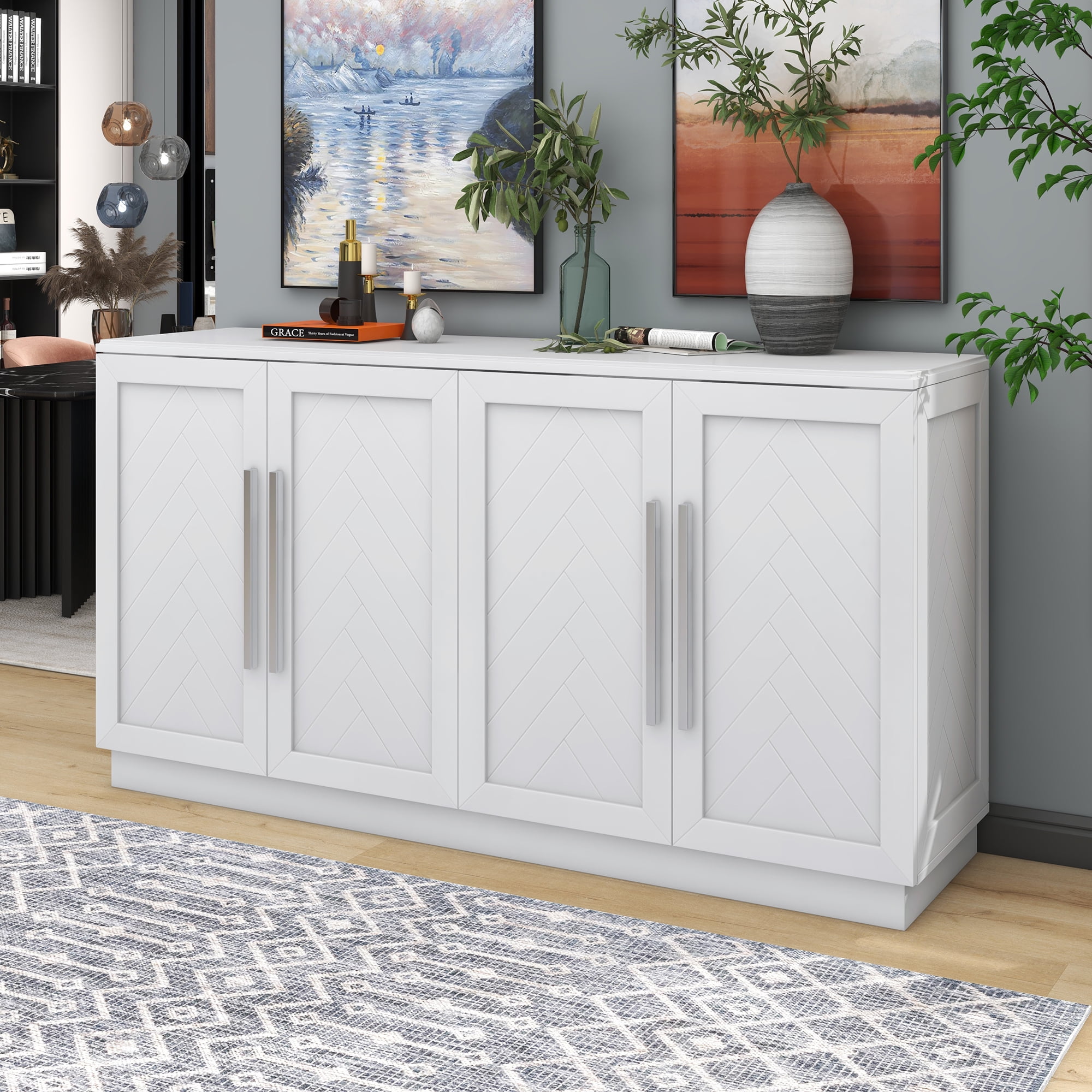 KAMIDA Farmhouse Buffet Sideboard Storage with 4 Doors and