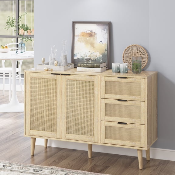 Buffet Sideboard,Kitchen Storage Cabinet with 2 Rattan Doors & 3 drawer ,Coffee Bar Cabinet with Adjustable Shelves for Living Room,Hallway