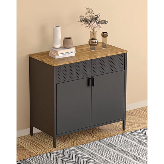 Buffet Sideboard, Metal Storage Cabinet, 2-Tier for Kitchen, Living Room, Entryway, Bar, Rustic Brown and Black