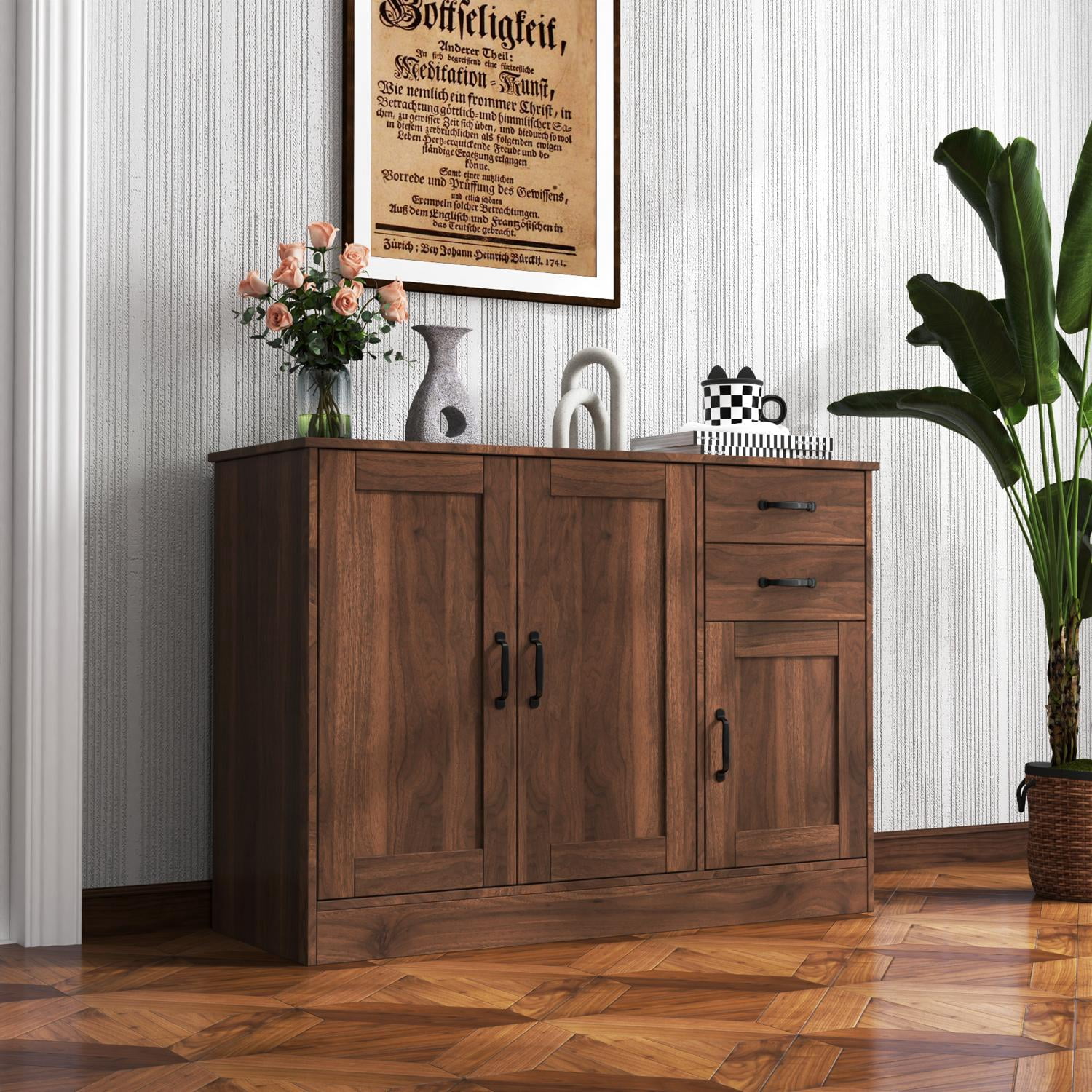 Buffet Sideboard, Storage Cabinet, Wooden Console Table with 2 Doors 2 Drawers, Adjustable Shelves, MDF Frame, Melamine Finish, Walnut Finish for Dining Room Living Room Hallway