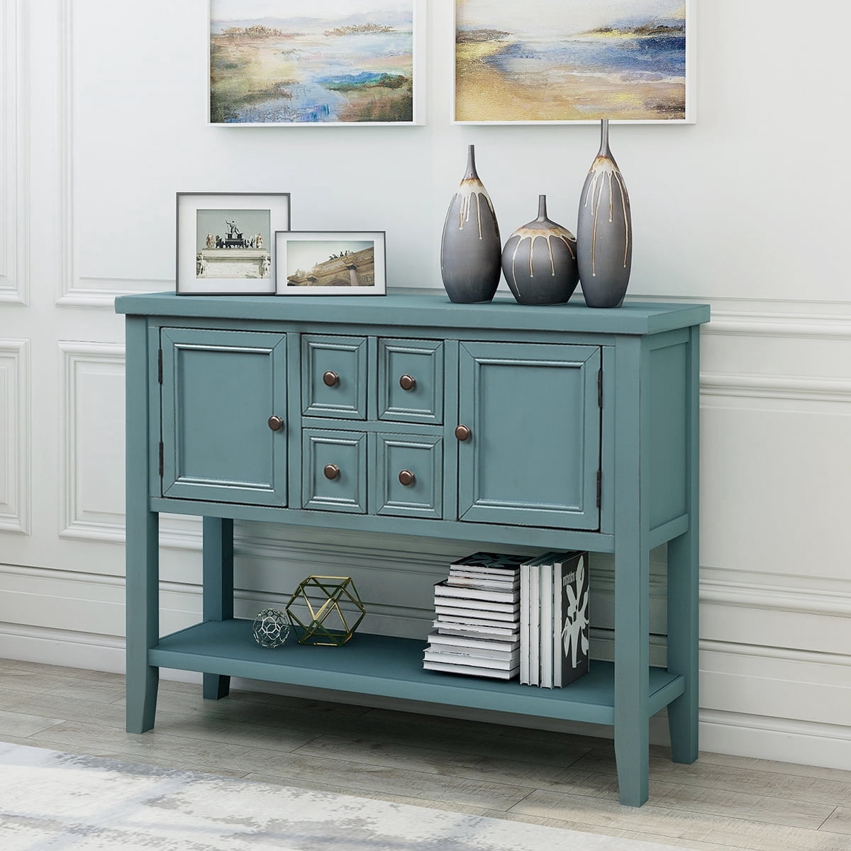 Console Table with 4 Storage Drawers,Storage Vintage Wood Buffet Sideboard Desk with 2 Cabinets and Bottom Shelf, Retro Entryway Table Cupboard for Living Room, Foyer, Hallway