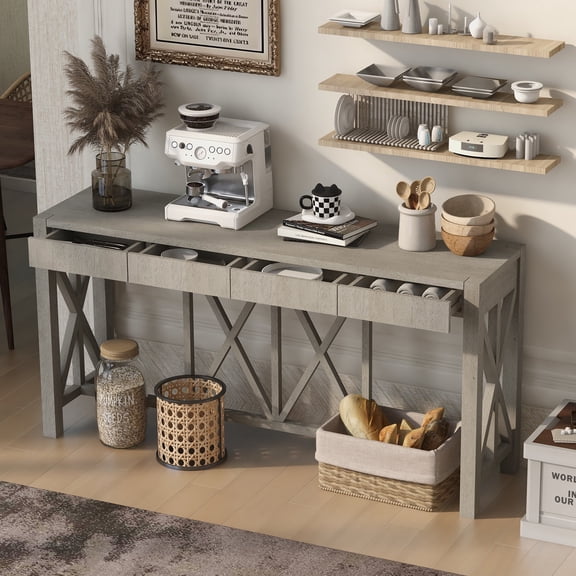 60" Modern Farmhouse Console Table with 4 Drawers & Open Bottom Storage, Acacia Veneer Crisscross Entryway Sofa Table for Living Room, Hallway, Dining Room
