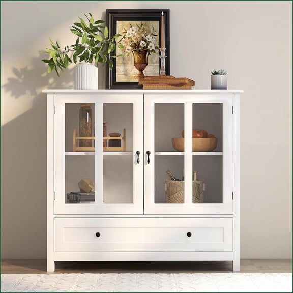 Buffet Sideboard with Double Glass Doors, Adjustable Shelf & Bell Handles | E1 MDF | UV Paint Finish