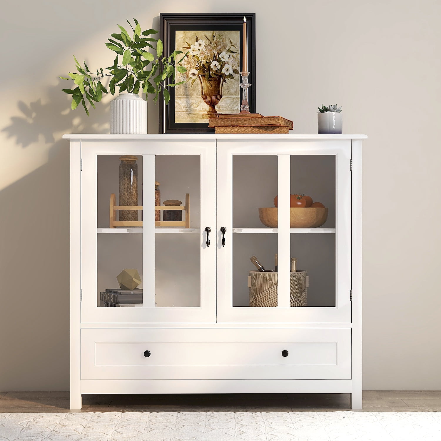 Buffet Storage Cabinet With Double Glass Doors And Bell Handle