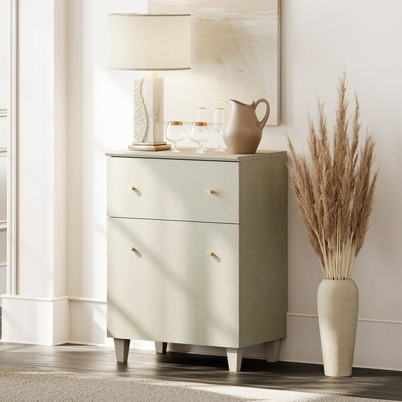 Buffet Storage Cabinet with 1 Drawer and 1 Adjustable Shelf, Beige Linen Printed Finish
