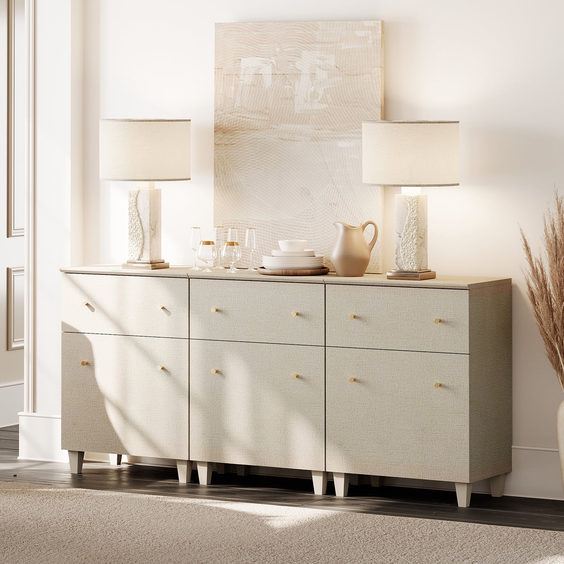Buffet Storage Cabinet with 3 Drawers and 3 Adjustable Shelves, 71" Wide, Beige Linen Printed Finish, 3 Pack