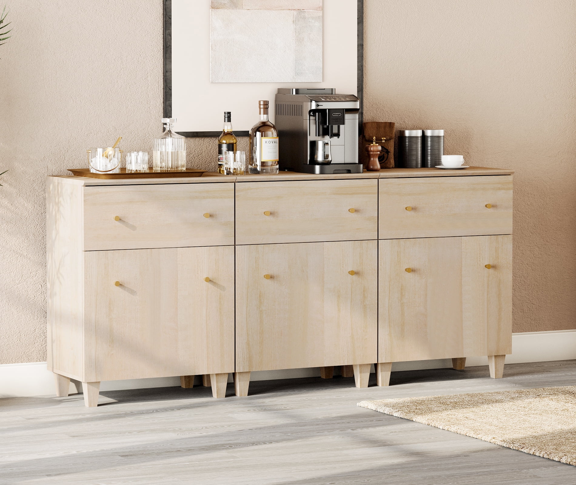 Buffet Storage Cabinet with 3 Drawers and 3 Adjustable Shelves, 71" Wide, Light Oak Wood Finish, 3 Pack