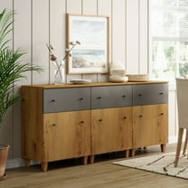 Buffet Storage Cabinet with 3 Drawers and 3 Adjustable Shelves, 71" Wide, Oak Brown Wood Finish, 3 Pack