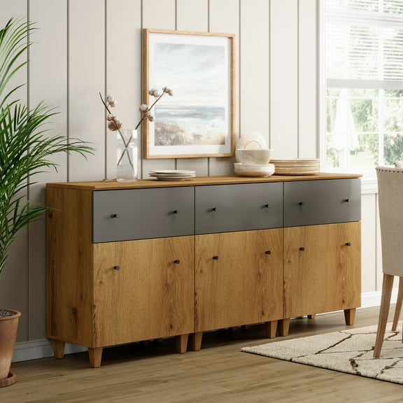 Buffet Storage Cabinet with 3 Drawers and 3 Adjustable Shelves, 71" Wide, Oak Brown Wood Finish, 3 Pack