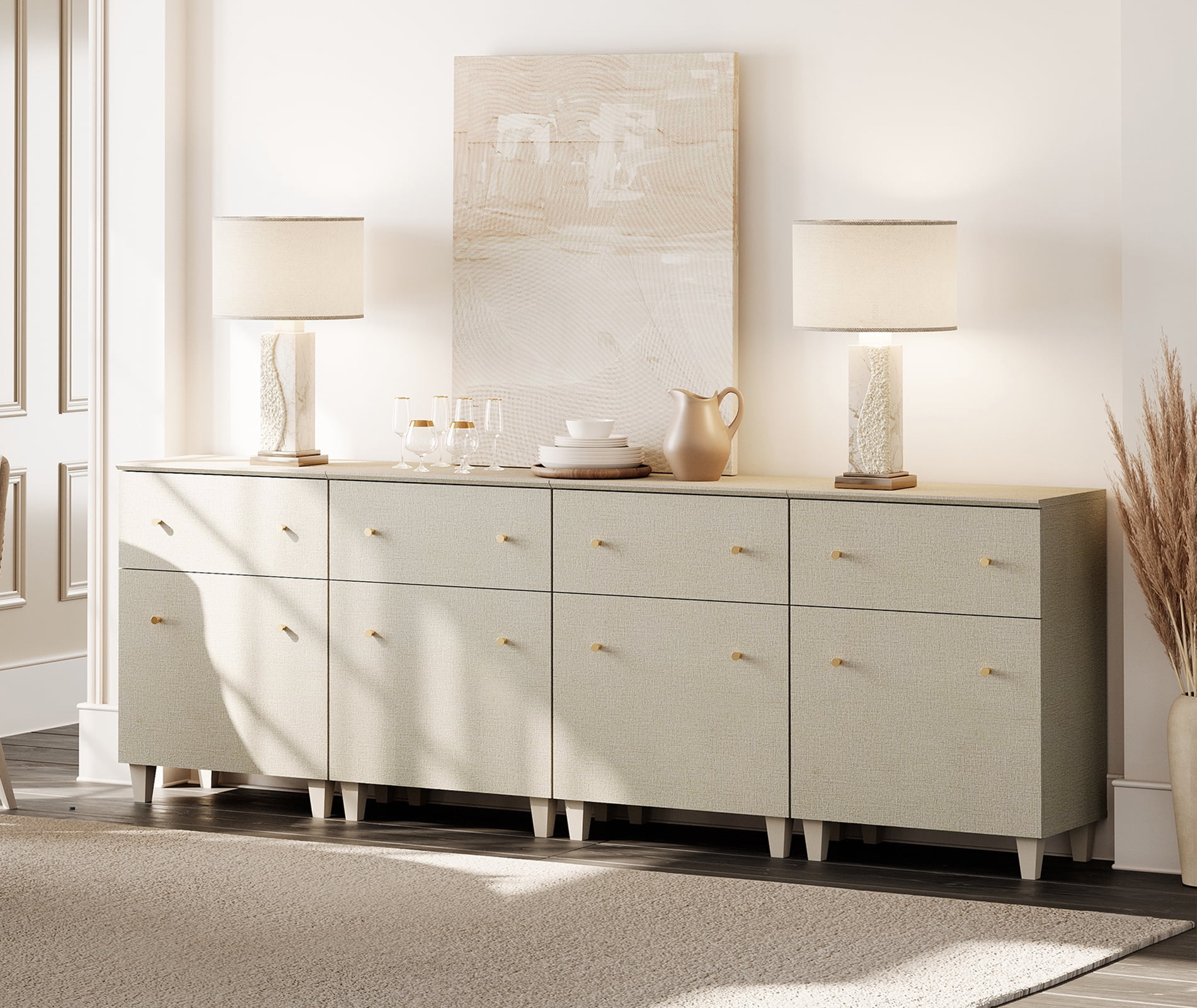 Buffet Storage Cabinet with 4 Drawers and 4 Adjustable Shelves, 94" Wide, Beige Linen Printed Finish, 4 Pack