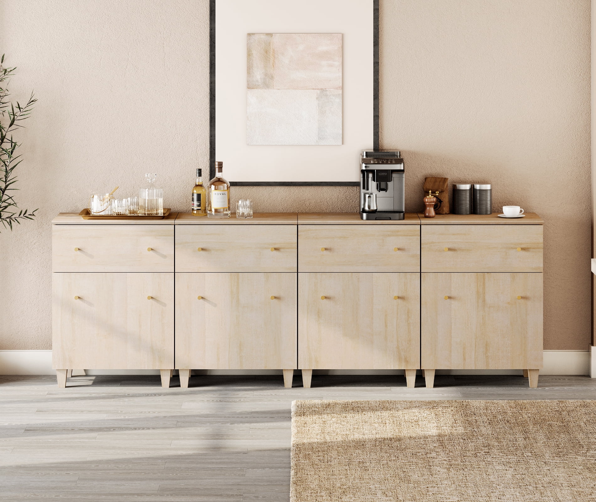 Buffet Storage Cabinet with 4 Drawers and 4 Adjustable Shelves, 94" Wide, Light Oak Wood Finish, 4 Pack