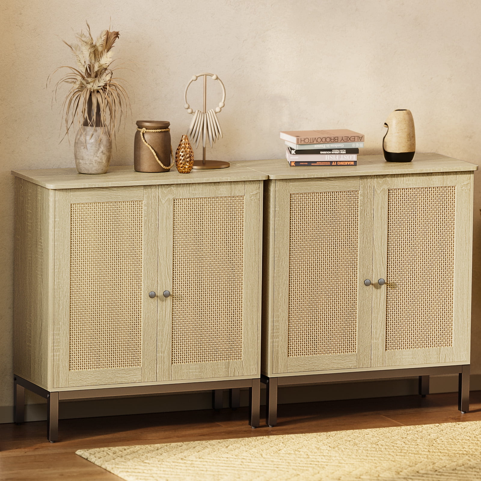 Buffet Storage with Rattan Doors,Rattan Sideboard Set of 2