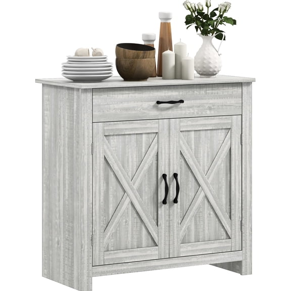 Buffet Table Cabinet, Stone Gray With Adjustable Shelves - Versatile For Different Spaces Cabinet Barn Door And Shelf Add Rustic Elegance To Your Living Room