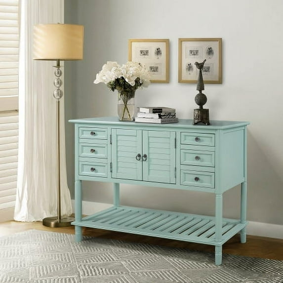 Buffet Table with Cabinet Table, Free Standing Kitchen Storage Sideboard Dining Buffet Server Cabinet, 45.2'' Console Table Sofa Table 6 Drawers, 1 Cabinets and 1 Bottom Shelf-Sage