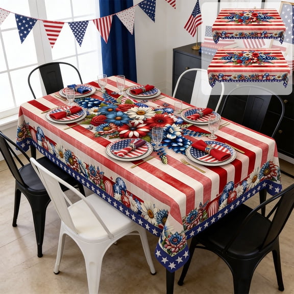 For Buffet Table And Patio Dining Patriotic Rectangular Tablecloth With Flag Motif And Washable Fabric In Red White Blue As Cover Gift For Summer Host
