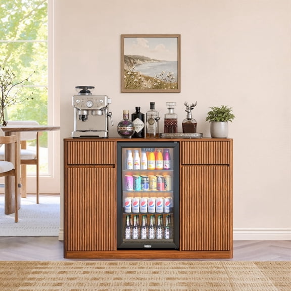Buffet Wine Cabinet with Mini Fridge Nook, 53 Inch Sideboard with Charging Station & Adjustable Shelves, Fluted Storage Cabinet for Kitchen Living Room, Walnut