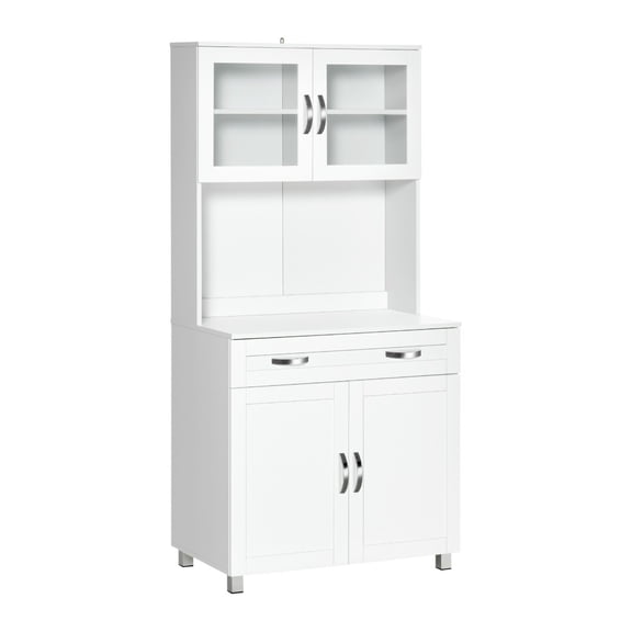 Buffet with Hutch Kitchen Pantry Storage Cabinet, White Freestanding Server with Glass Doors & Drawers