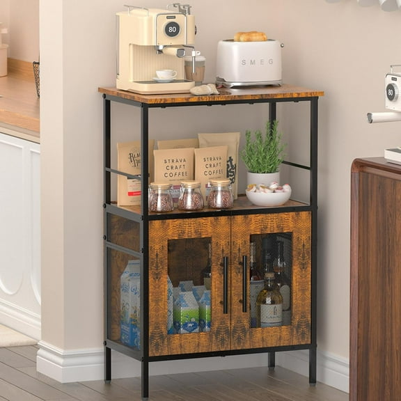 Buffets Coffee Bar Station, 3-Tier Small Coffee Stand Station with Storage, Farmhouse-Style Microwave Cart Featuring 2-Door Cabinet Ideal for Living Room, Entryway, Sideboards