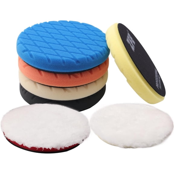 Buffing Polishing Pads, 7Pcs 6"(150mm) Waffle Foam Pads Wool Pad Kit for 6Inch Backing Plate RO/DA/GA Car Polisher Boat Compounding, and Waxing