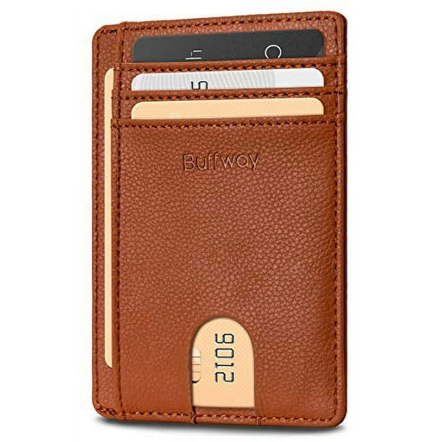 Buffway Slim Minimalist Front Pocket RFID Blocking Leather Wallets for Men Women - Lichee Light Brown