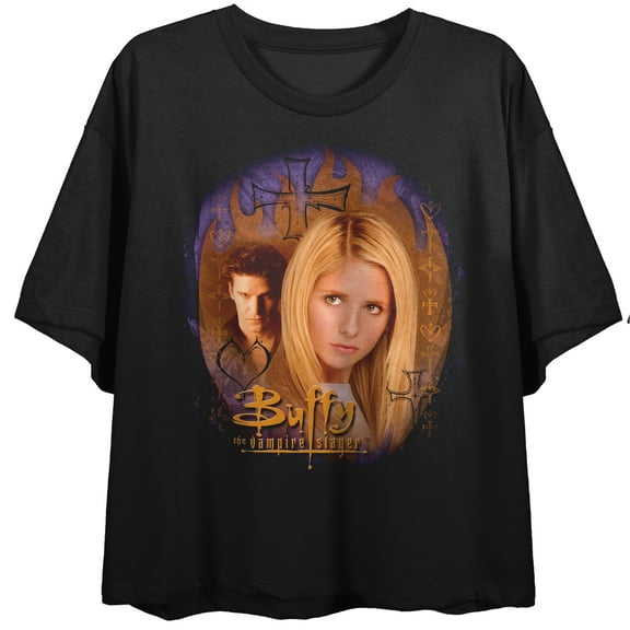Buffy The Vampire Slayer Angel & Buffy Key Art Crew Neck Short Sleeve Women's Black Crop T-shirt-Large