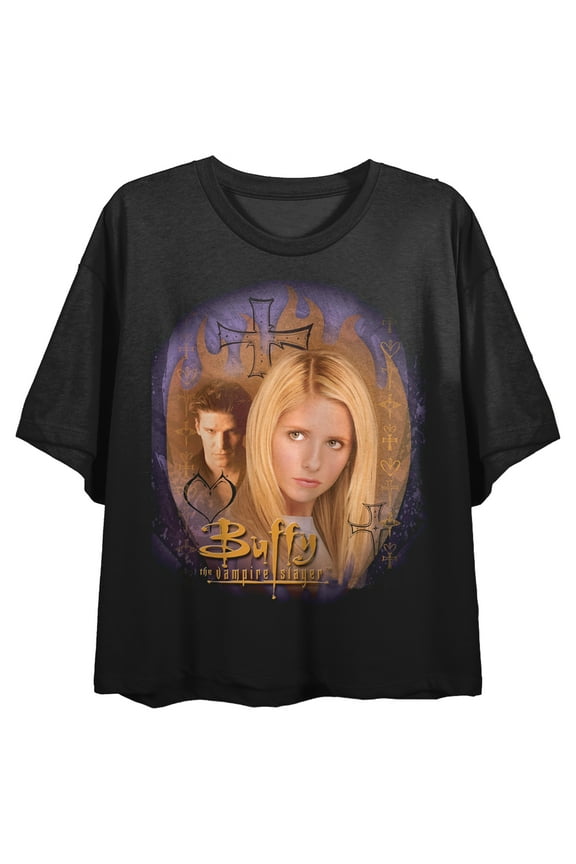 Buffy The Vampire Slayer Buffy & Angel Art Crew Neck Short Sleeve Crew Neck Women's Black Crop Top-Large